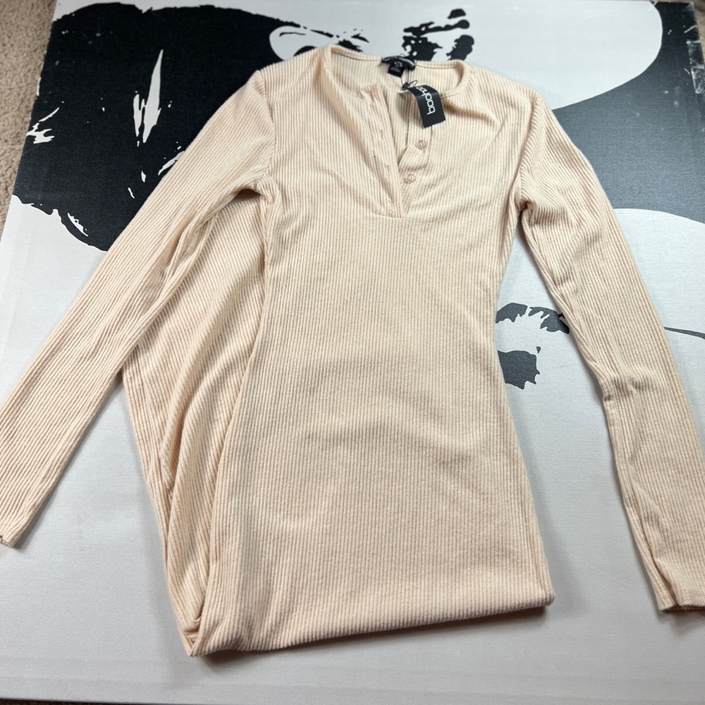 PrettyLittleThing Cream Ribbed Long Sleeve Maxi Dress